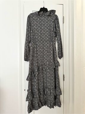 By Nancy Black white & Gold Tie-Neck Maxi Dress with Ruffle Tiers